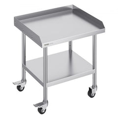 Stainless steel work table with adjustable shelves and swivel casters for commercial kitchen use.