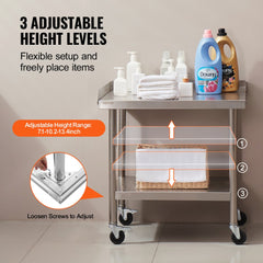 Stainless steel work table with adjustable shelves, casters, and a 2-inch backsplash.