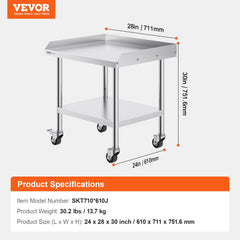 Stainless steel work table with adjustable shelves and casters, 24x28x30 inches.