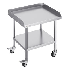 Stainless steel work table with adjustable shelves and swivel casters for commercial kitchens.