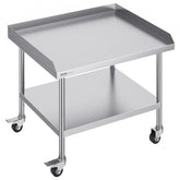 Stainless steel work table with adjustable shelves and swivel casters for food preparation.