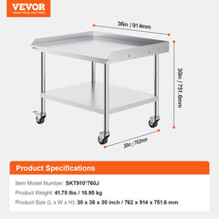 Stainless steel work table with adjustable shelves and swivel casters for food prep.