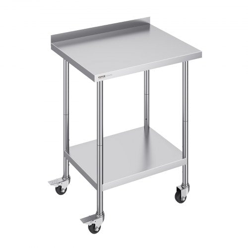 Stainless steel work table with casters, backsplash, and adjustable shelves for versatile use.