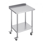 Stainless steel work table with casters, backsplash, and adjustable shelves for versatile use.