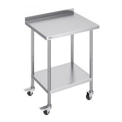 Stainless steel work table with casters, backsplash, and adjustable shelves for versatile use.