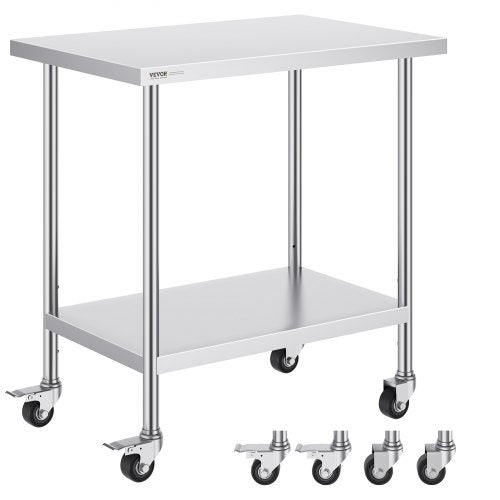 Stainless steel work table with adjustable shelves and four swivel casters for mobility.