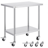 Stainless steel work table with adjustable shelves and four swivel casters for mobility.