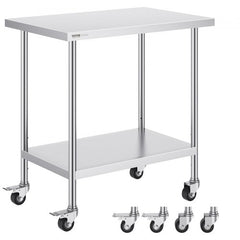 Stainless steel work table with adjustable shelves and four swivel casters for mobility.