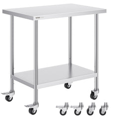 Stainless steel work table with adjustable shelves and four swivel casters for mobility.