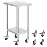 Stainless steel work table, 24x18x38 inches, with wheels and shelves.