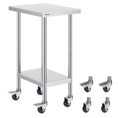 Stainless steel work table, 24x18x38 inches, with wheels and shelves.