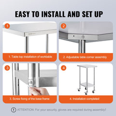 Bostome stainless steel work table with adjustable shelves and wheels shown in assembly steps.