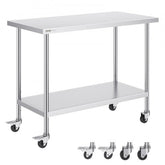 Stainless steel work table measuring 24x48 inches with adjustable height and four swivel casters.