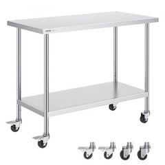 Stainless steel work table measuring 24x48 inches with adjustable height and four swivel casters.