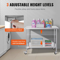 Stainless steel work table measuring 24x48 inches with adjustable height and four swivel casters.