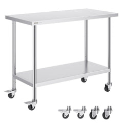 Stainless steel work table with adjustable height, 24x48 inches, and four swivel casters.