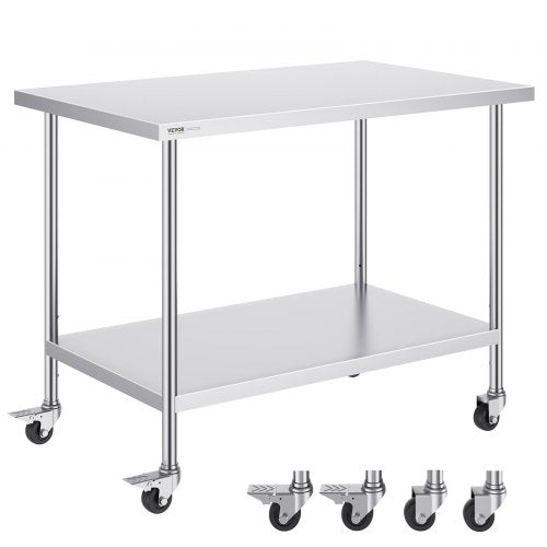 Stainless steel work table measuring 30x48 inches with adjustable height and swivel casters.