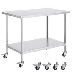 Stainless steel work table measuring 30x48 inches with adjustable height and swivel casters.