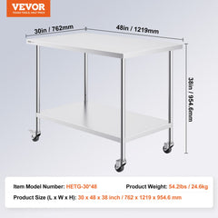 Stainless steel work table measuring 30x48 inches with adjustable height and four swivel casters.