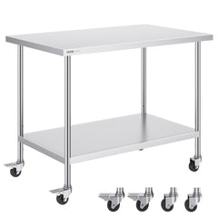 Stainless steel work table with adjustable height, 30x48 inches, and four swivel casters.