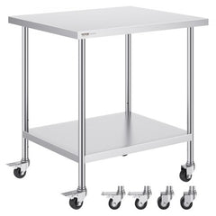 Stainless steel work table, 30x36x38 inches, with undershelf and wheels.