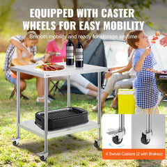 White stainless steel work table with wheels, shown outdoors with family using it for a barbecue.