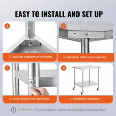 Step-by-step assembly diagram for a stainless steel work table with wheels, showing table top installation, corner assembly, base frame screwing, and completed unit.