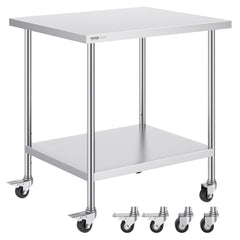 Stainless steel work table, 30x36x38 inches, with undershelf and wheels.