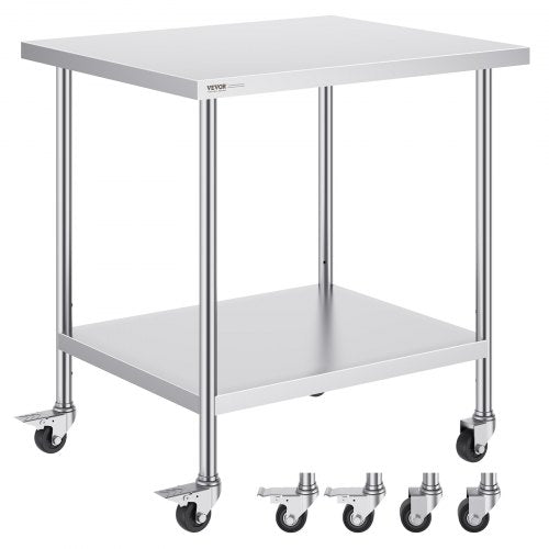 30-inch stainless steel work table with adjustable shelves and swivel casters for mobility.