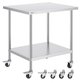 30-inch stainless steel work table with adjustable shelves and swivel casters for mobility.