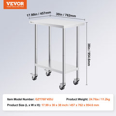 30-inch stainless steel work table with adjustable shelves and swivel casters for mobility.