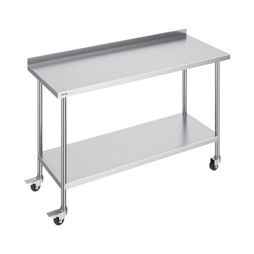 Stainless steel work table, 24x60x40 inches, with backsplash, undershelf, and casters.