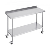 Stainless steel work table, 24x60x40 inches, with backsplash, undershelf, and casters.
