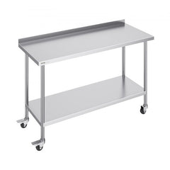 Stainless steel work table, 24x60x40 inches, with backsplash, undershelf, and casters.