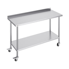 Stainless steel work table, 24x60x40 inches, with casters and undershelf.