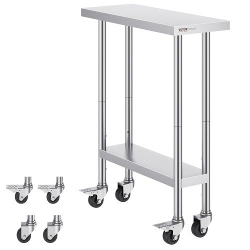 30-inch stainless steel work table with adjustable shelves and swivel casters for mobility.