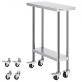 30-inch stainless steel work table with adjustable shelves and swivel casters for mobility.