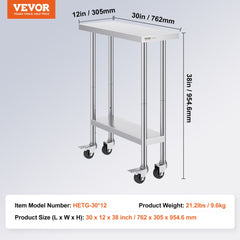Stainless steel work table with adjustable shelves and swivel casters for mobility and storage.