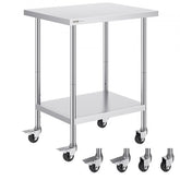 Stainless steel work table, 24x30x38 inches, with adjustable height, lower shelf, and 4 wheels.