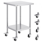 Stainless steel work table 24x24x38 inch with adjustable height and four caster wheels.