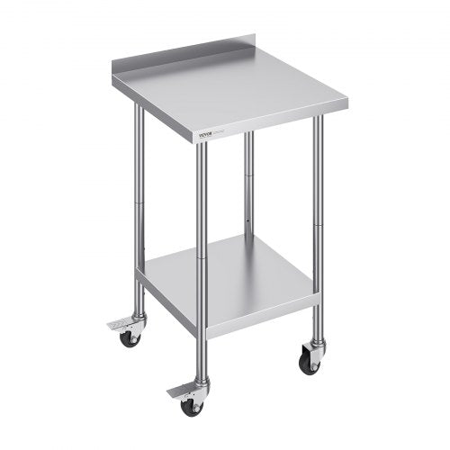 Stainless steel work table with adjustable shelves and swivel casters for food preparation.