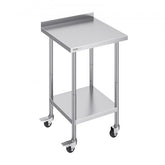 Stainless steel work table with adjustable shelves and swivel casters for food preparation.