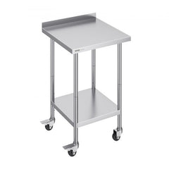 Stainless steel work table with adjustable shelves and swivel casters for food preparation.