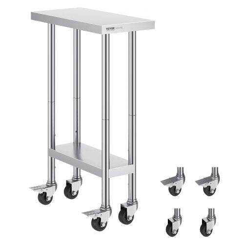 Stainless steel work table 24x12x38 inches with adjustable shelf and wheels.