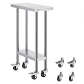 Stainless steel work table 24x12x38 inches with adjustable shelf and wheels.
