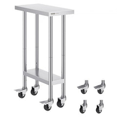 Stainless steel work table 24x12x38 inches with adjustable shelf and wheels.
