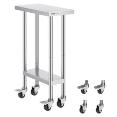 Stainless steel work table 24x12x38 inches with adjustable shelf and wheels.