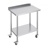 Stainless steel work table, 24x36x40 inches, with undershelf, backsplash, and casters.