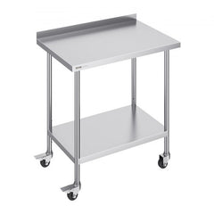 Stainless steel work table, 24x36x40 inches, with undershelf, backsplash, and casters.