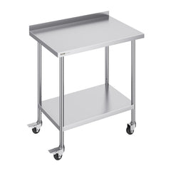 Stainless steel work table, 24x36x40 inches, with undershelf, backsplash, and casters.